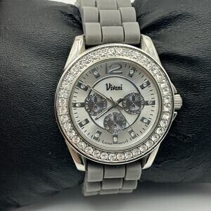 Vivani Silver Tone Dial Round Crystal Accent Case Gray Silicone Band Watch